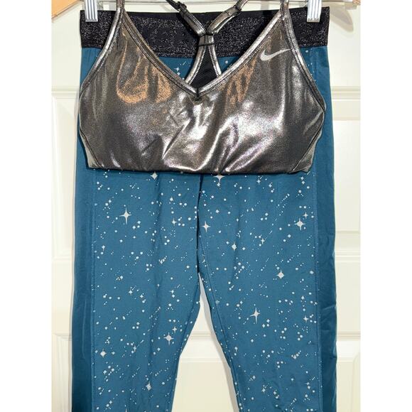Nike Pro Dri-Fit Teal Starry Night Metallic Legging & Silver Sports Bra, Size M - Picture 1 of 11